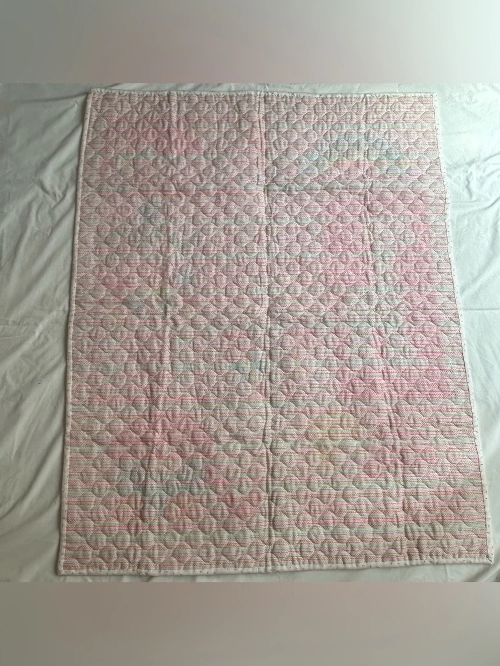 Vintage 70’s Baby Quilt /Giraffe, Rainbow, Teddy Bear 43” L X33”W - IT’S A GIRL